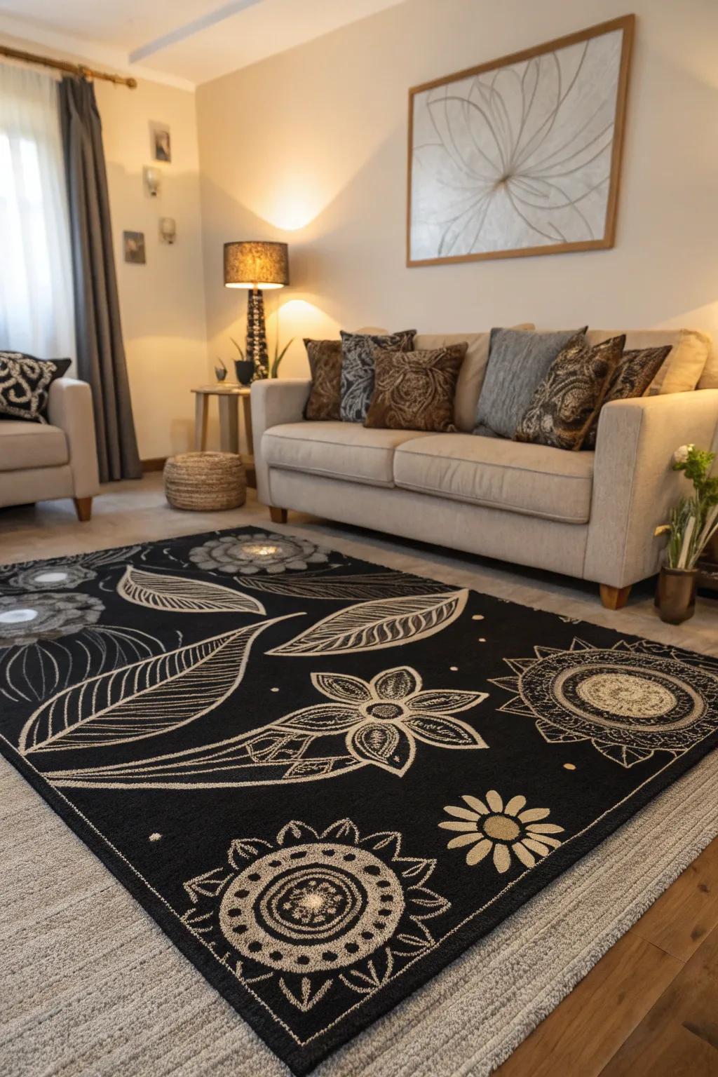 Abstract patterns on black rugs add a creative and modern touch to interiors.