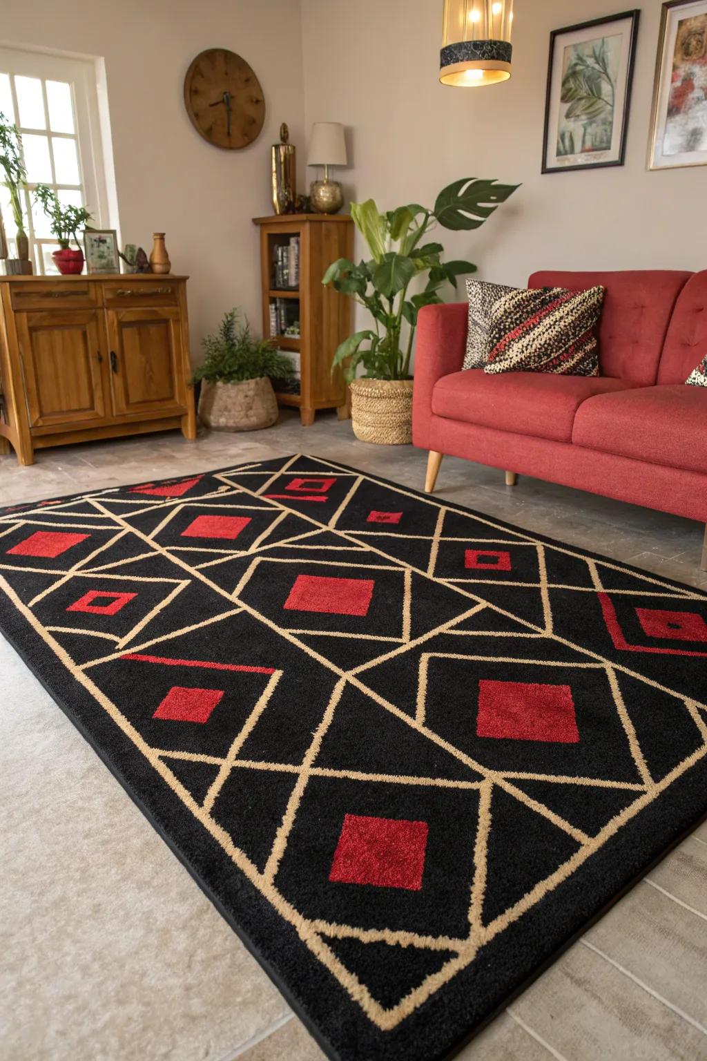 Geometric black rugs add a modern and playful energy to any room.