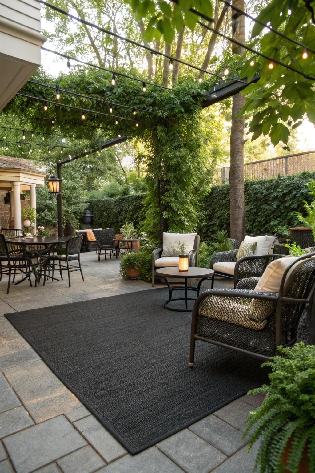 Black rugs add sophistication and grounding to outdoor living areas.