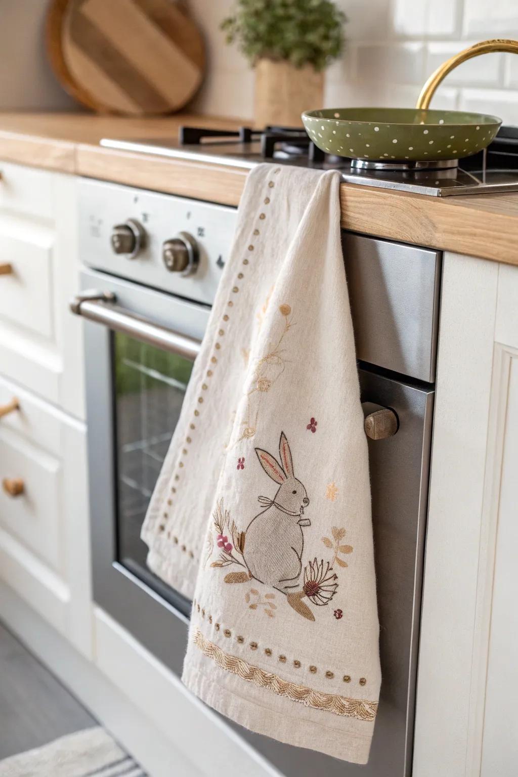 Add a playful touch to your kitchen with bunny applique towels that blend charm and function.