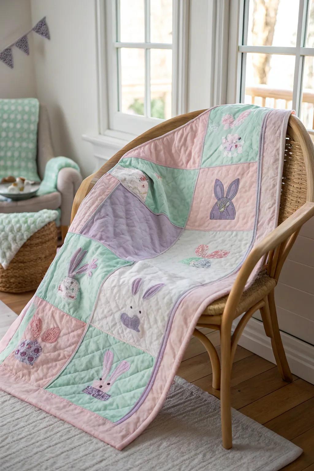 Snuggle up with a handmade patchwork bunny quilt that brings warmth and springtime charm.