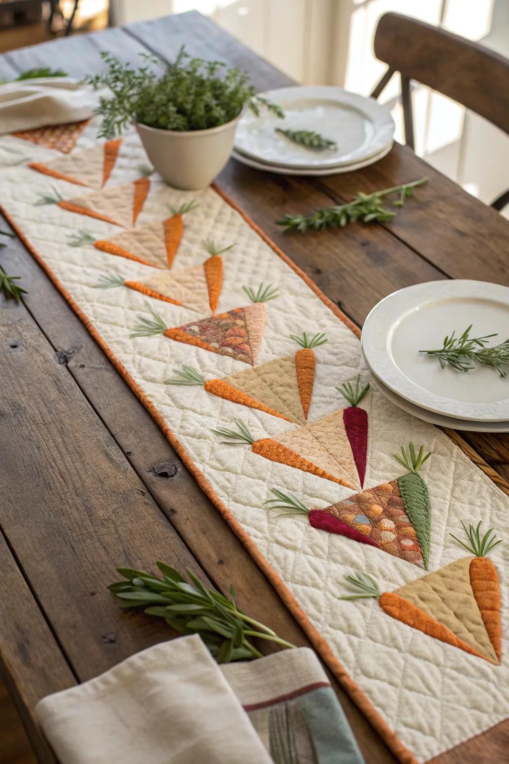 Add a handcrafted touch to your Easter table with a quilted carrot runner that's both charming and simple.