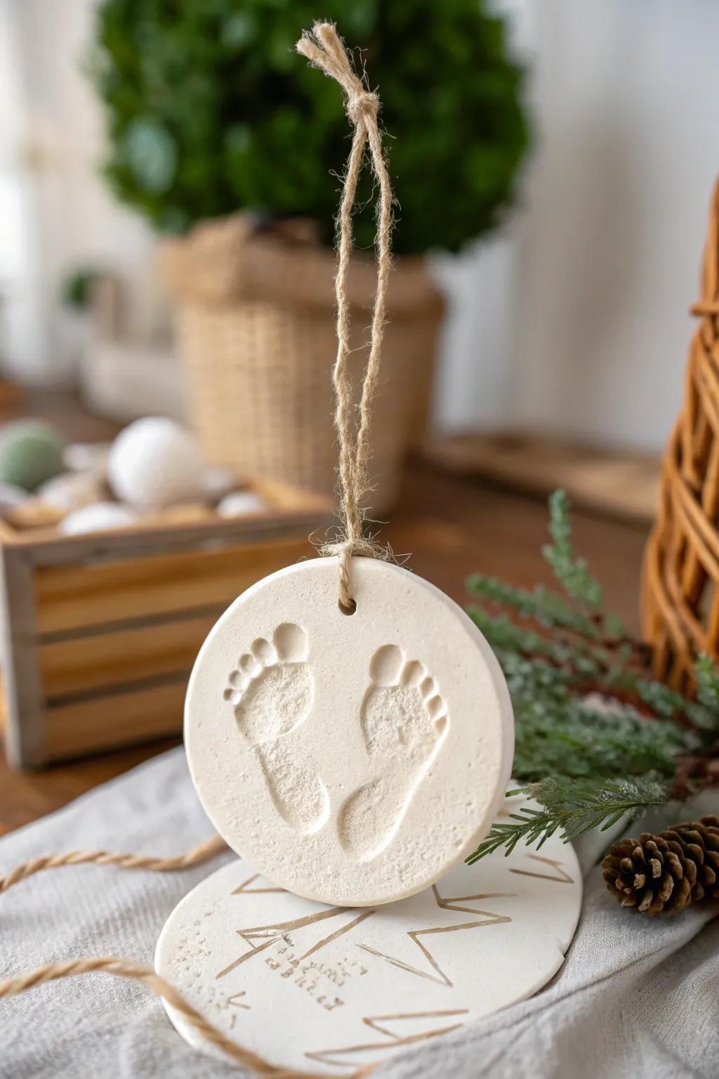 Handcrafted holiday ornament featuring baby footprints.