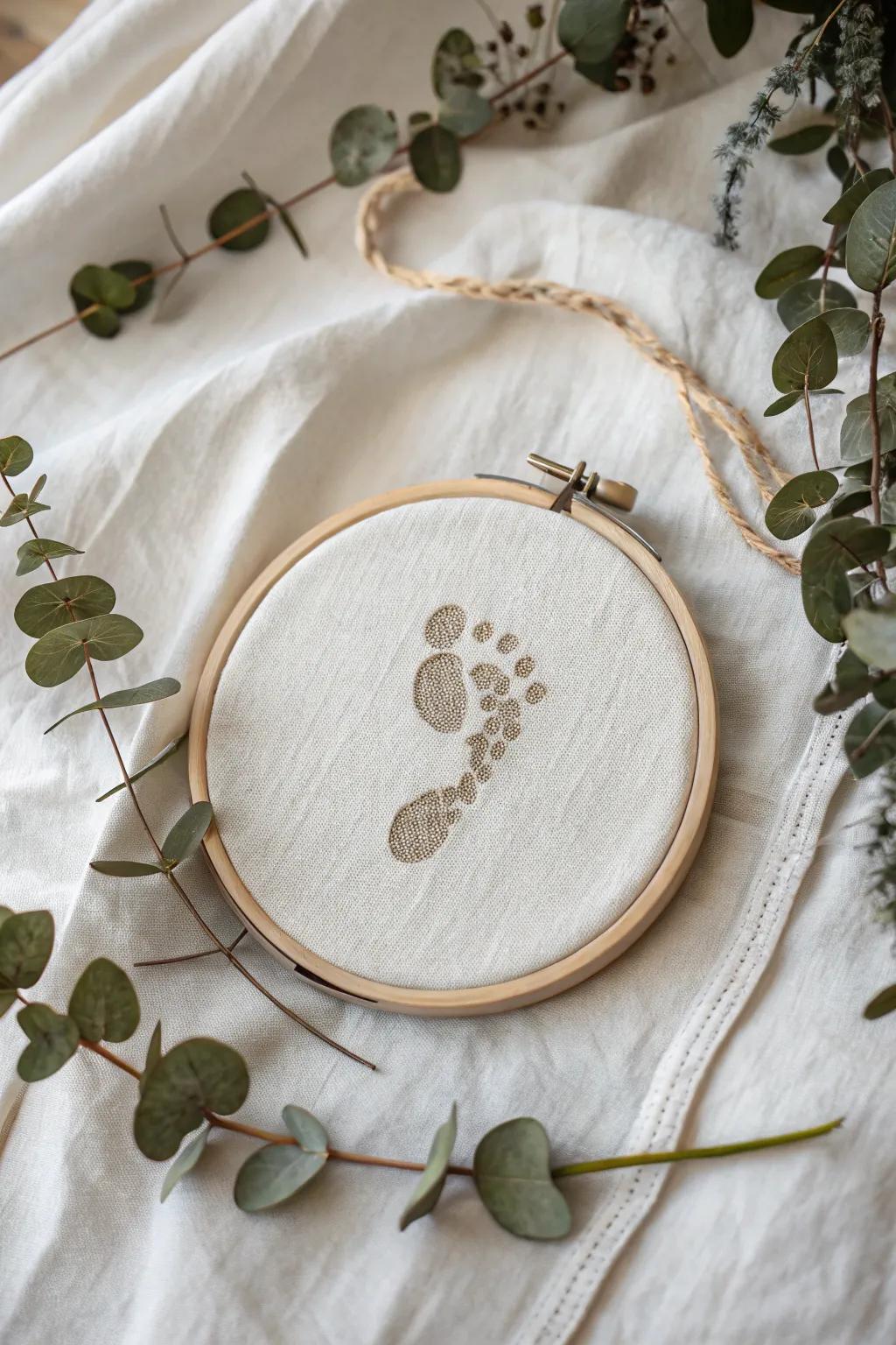 Minimalist and boho-inspired footprint wall hanging capturing baby's first steps.