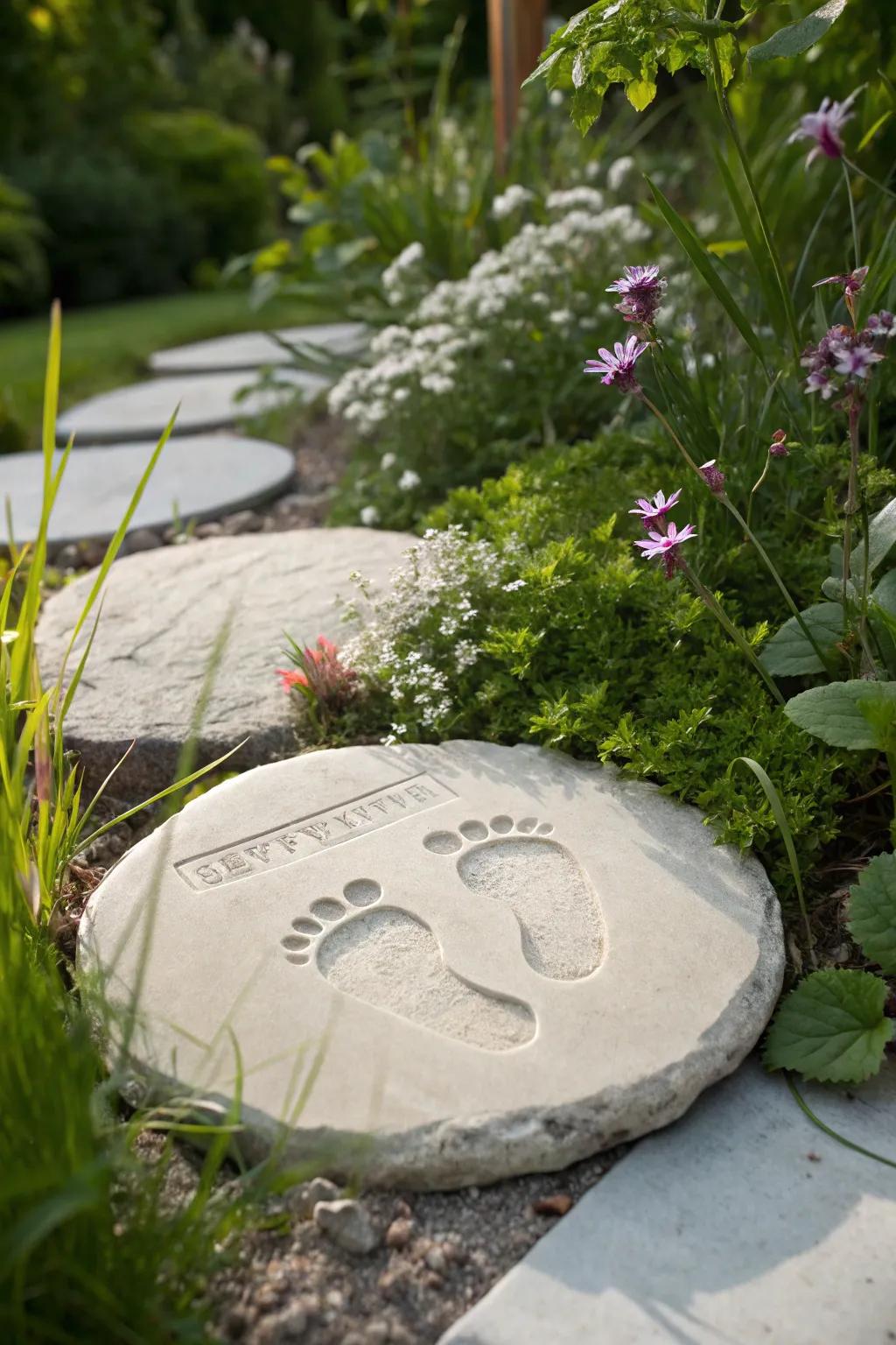 Minimalist garden stepping stones featuring baby footprints.