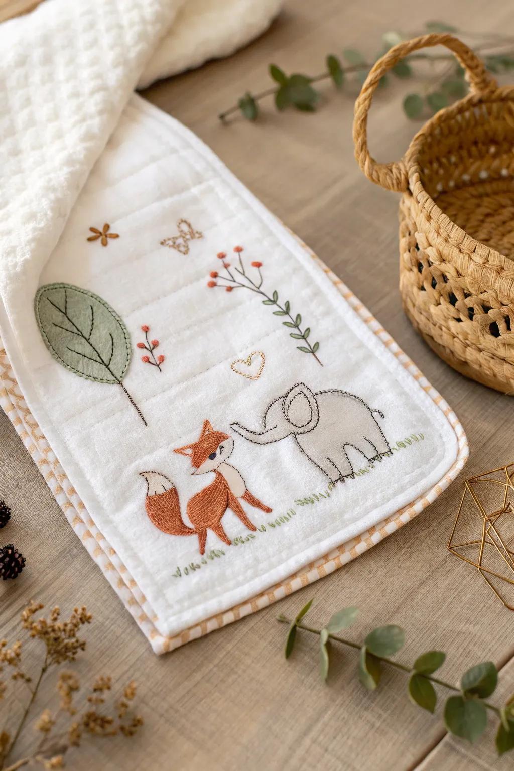 Cute animal embroidery adds warmth to baby essentials.