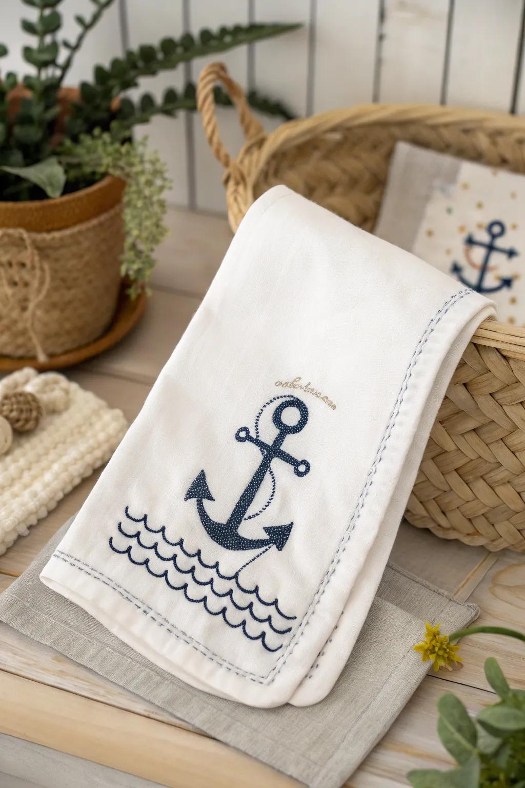 Nautical embroidery brings a fresh, coastal vibe to baby essentials.