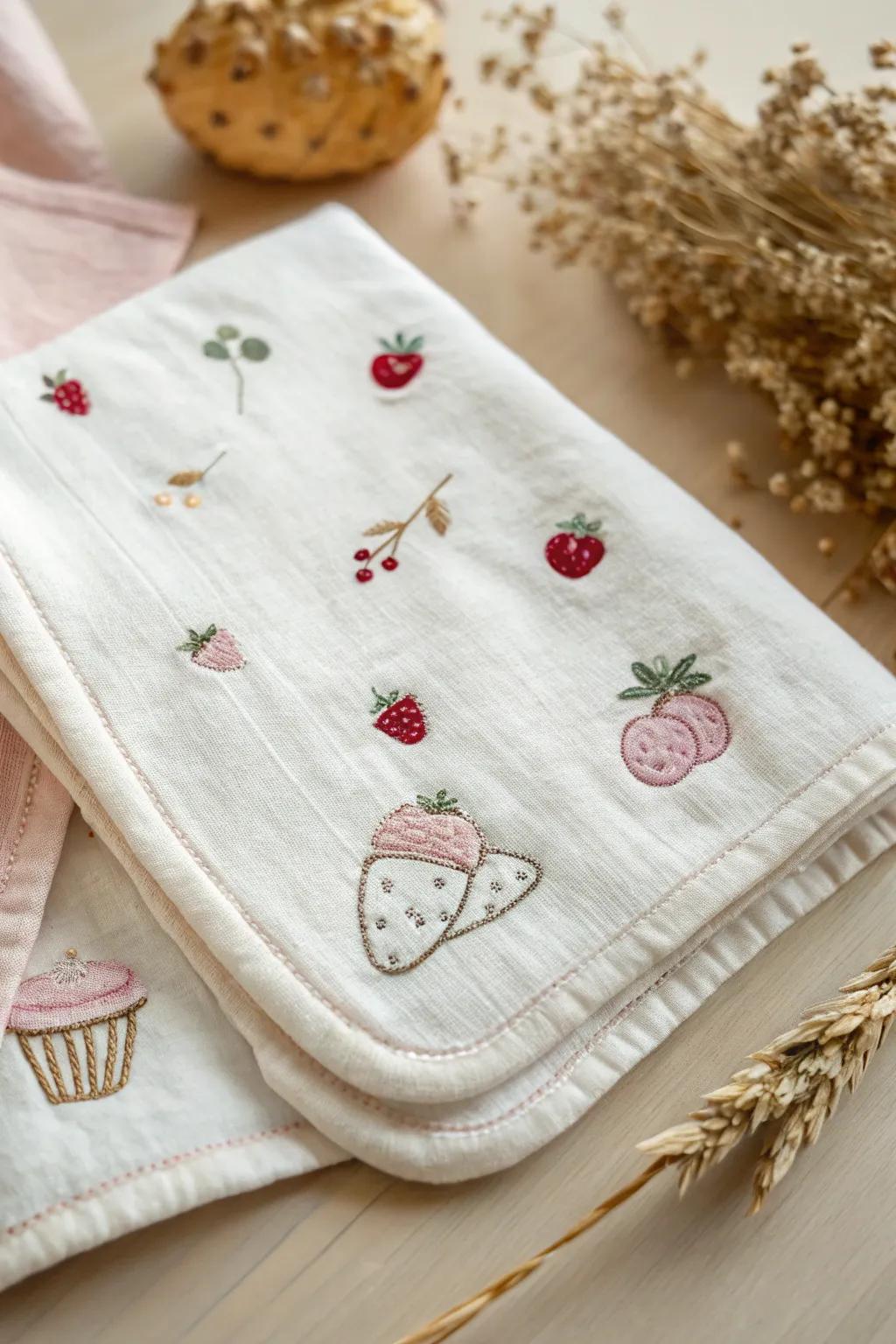 Fun food-themed embroidery adds personality to baby essentials.