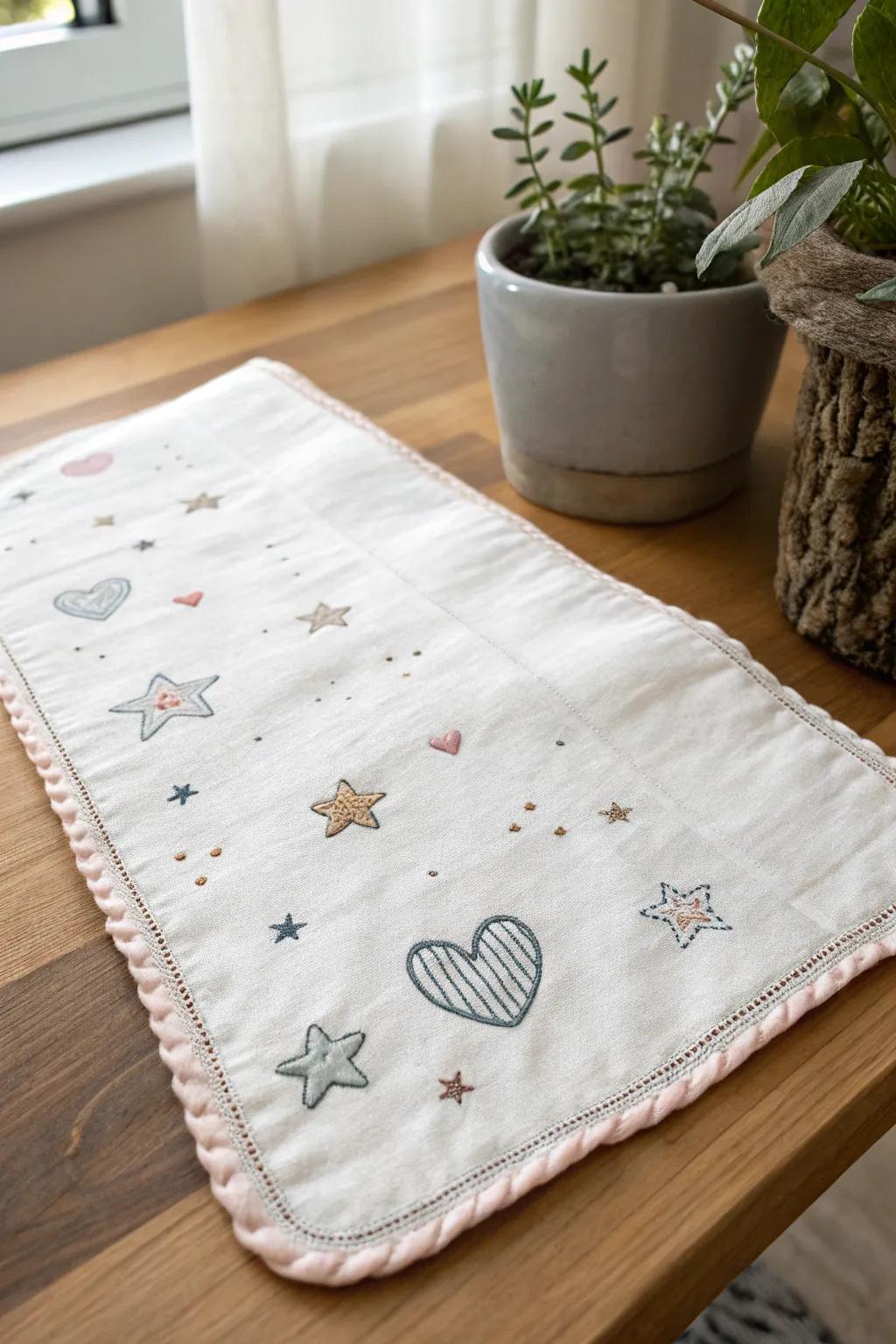 Minimalist embroidered icons brighten baby essentials.