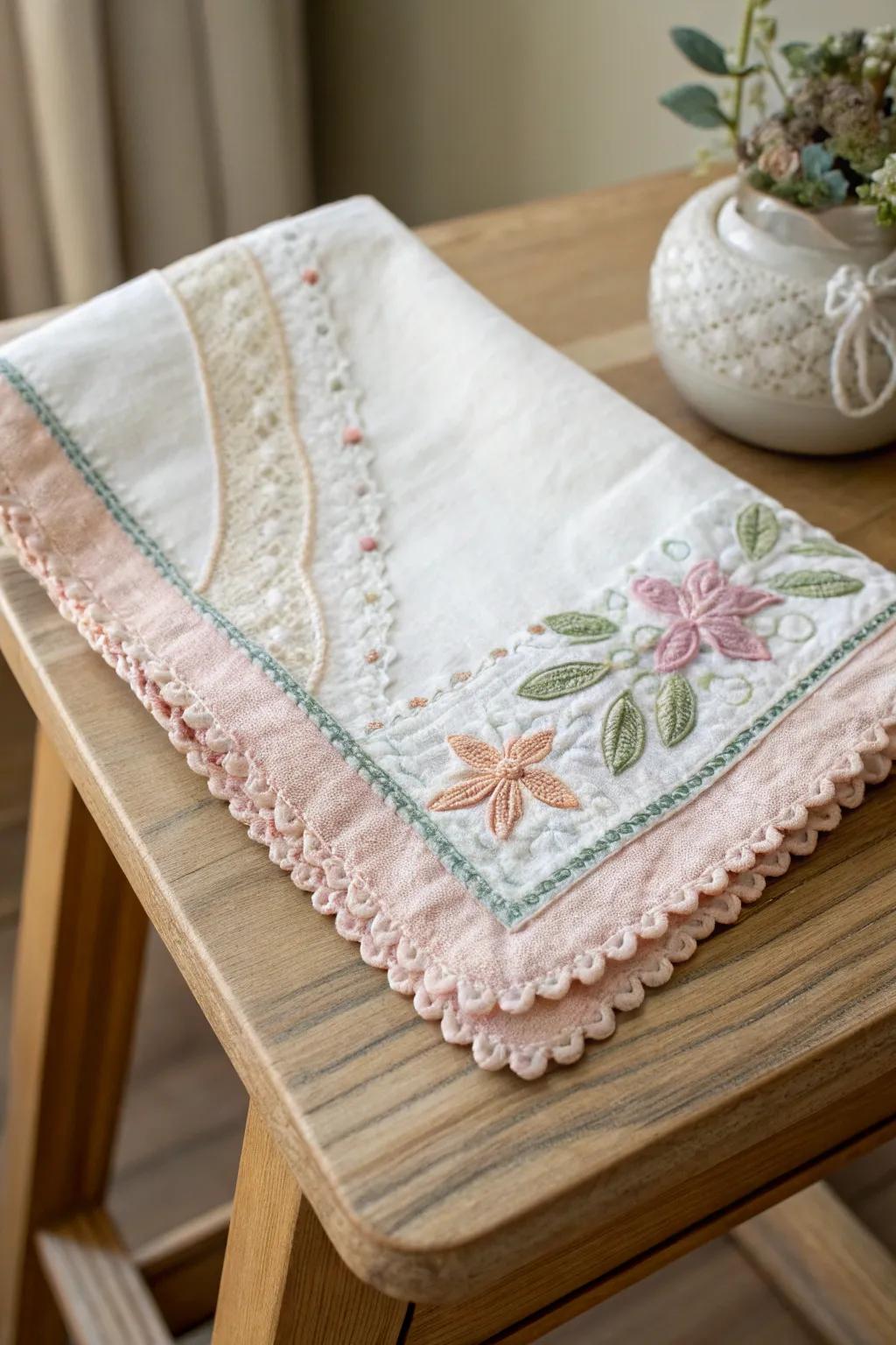 Artful embroidered borders add sophistication to baby essentials.