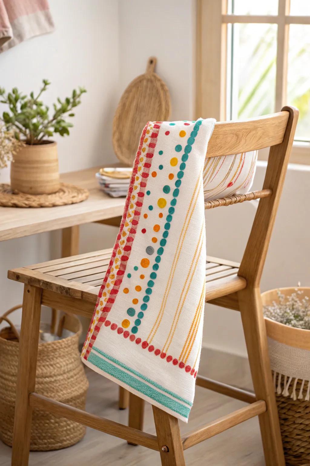 Vibrant embroidery adds energy and fun to nursery essentials.