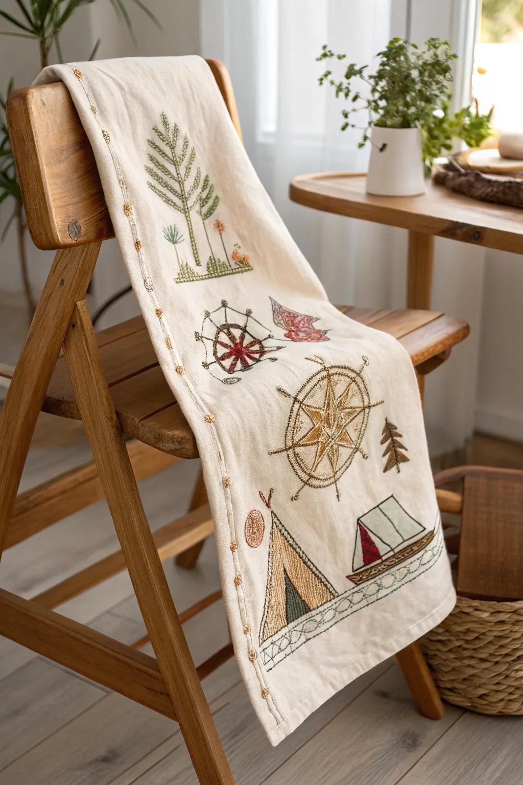 Adventure-themed embroidery inspires curiosity and wonder.