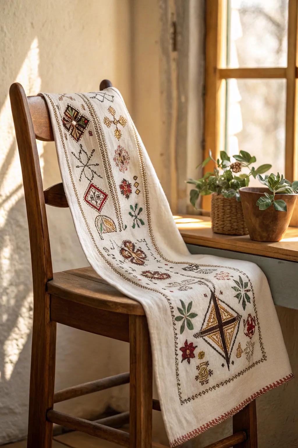 Celebrate heritage with embroidered cultural symbols.