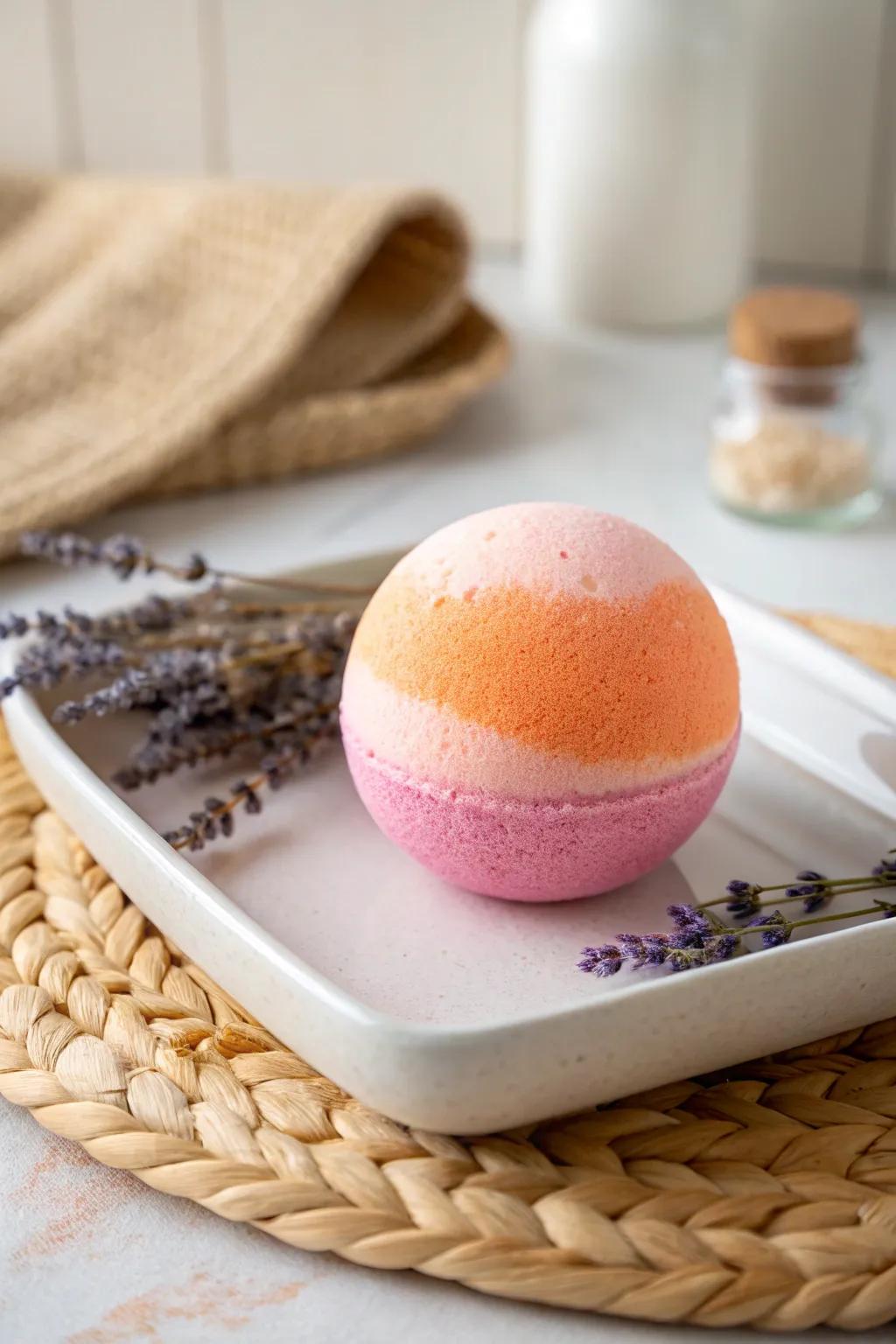 Relax with the calming hues of a Sunset Ombre Bath Bomb, blending warm tones for a tranquil soak.
