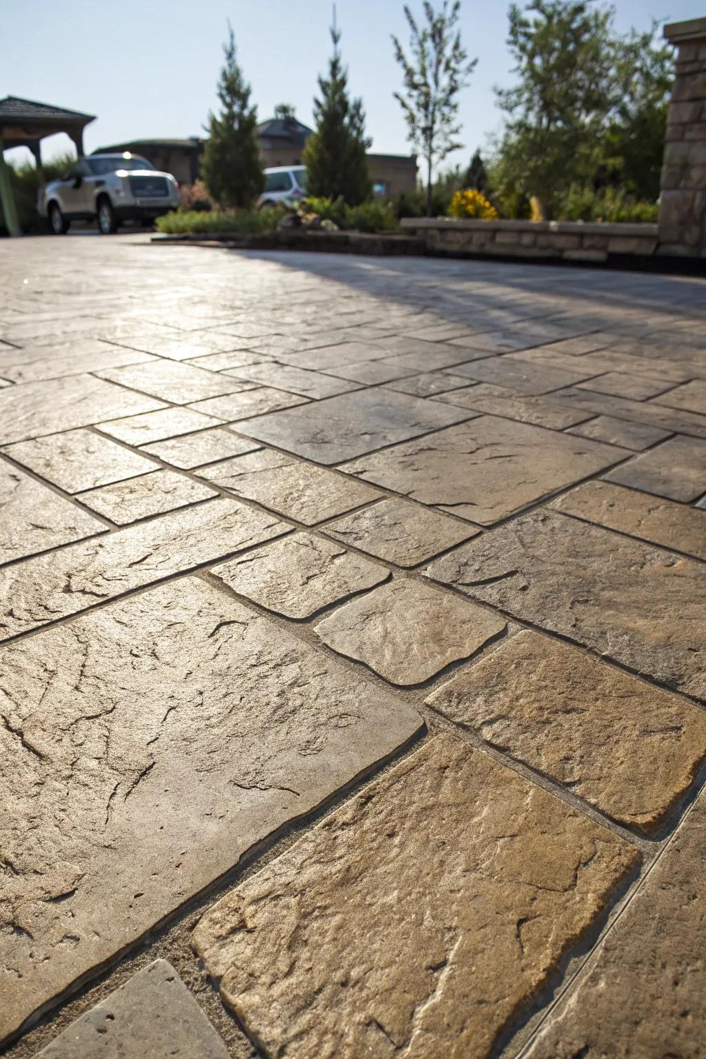 Stamped concrete offers the look of natural stone with budget-friendly installation.