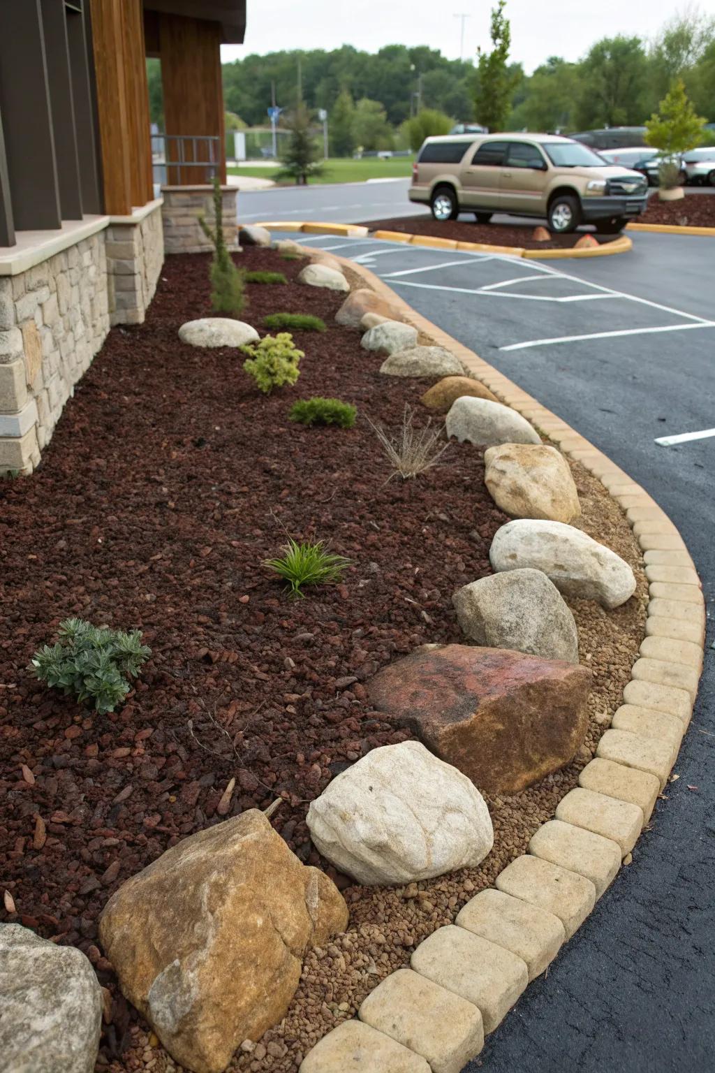 Mulch and stone blends create attractive, functional parking pads.