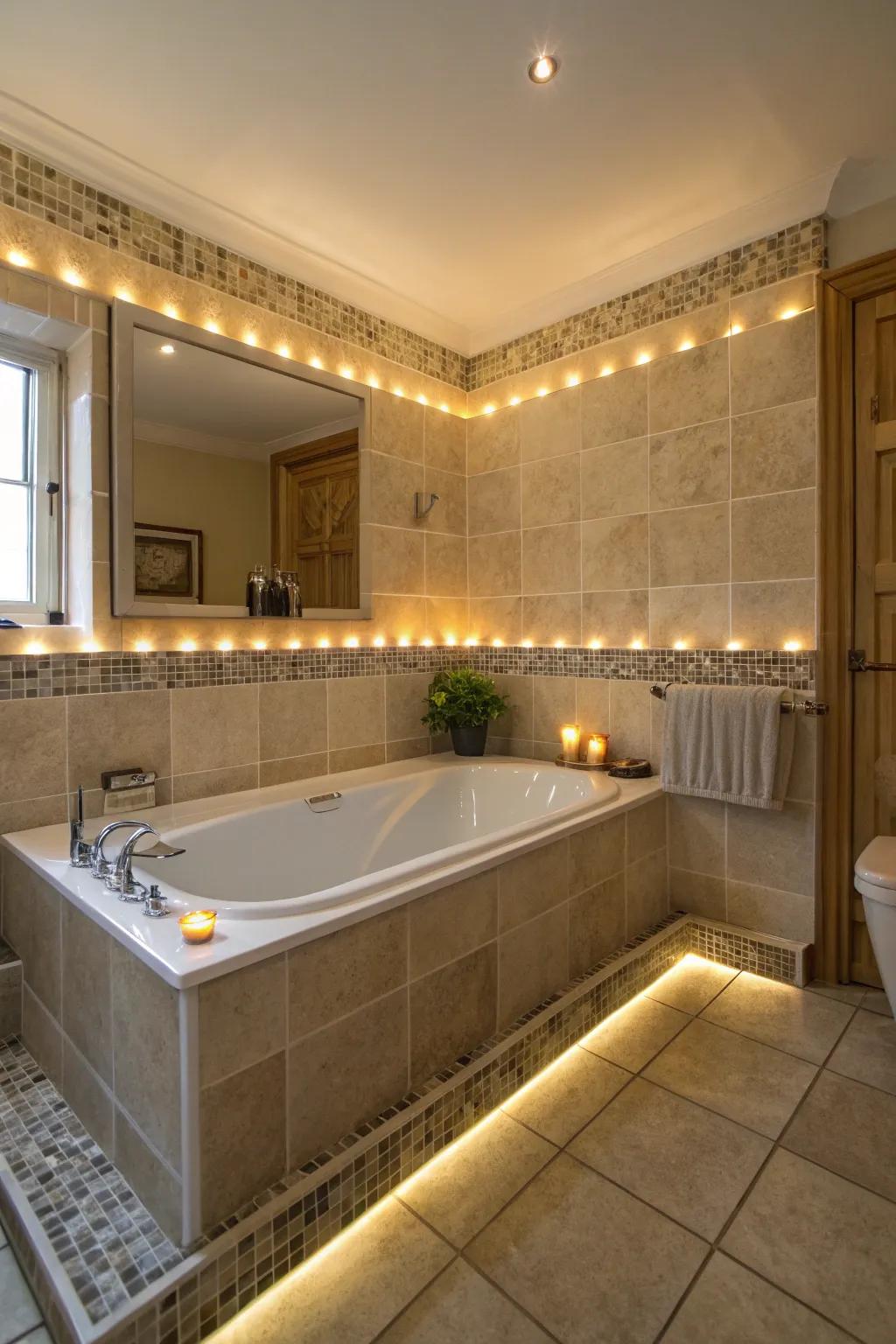 Integrated lighting enhances ambiance and warmth.