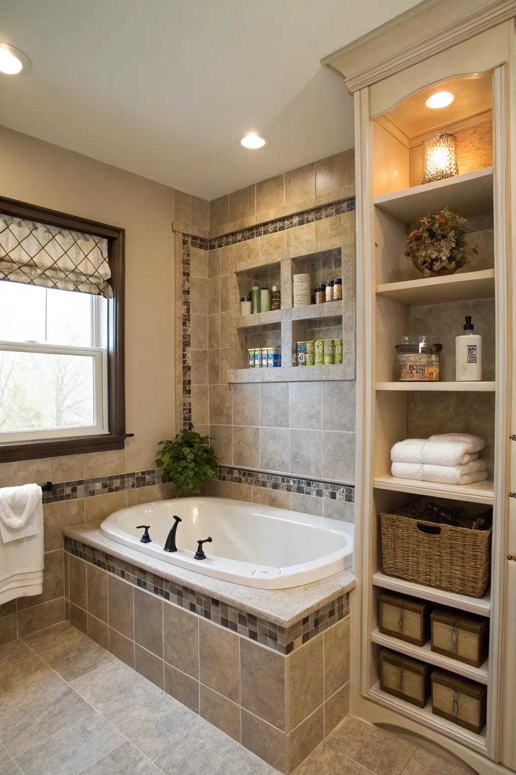 Built-in shelving offers convenient storage solutions.