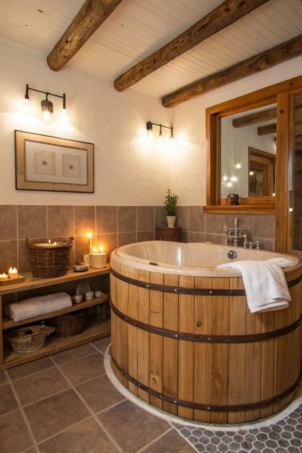 Wood paneling creates a warm and inviting tub surround.