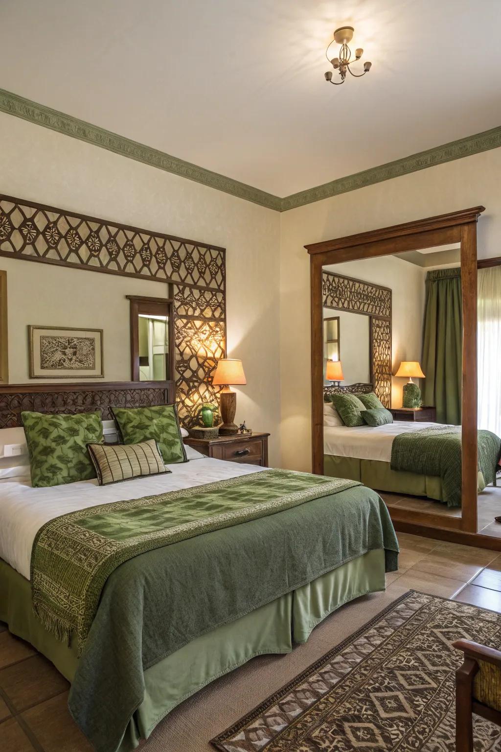 Mirrors amplifying light and space in bedroom