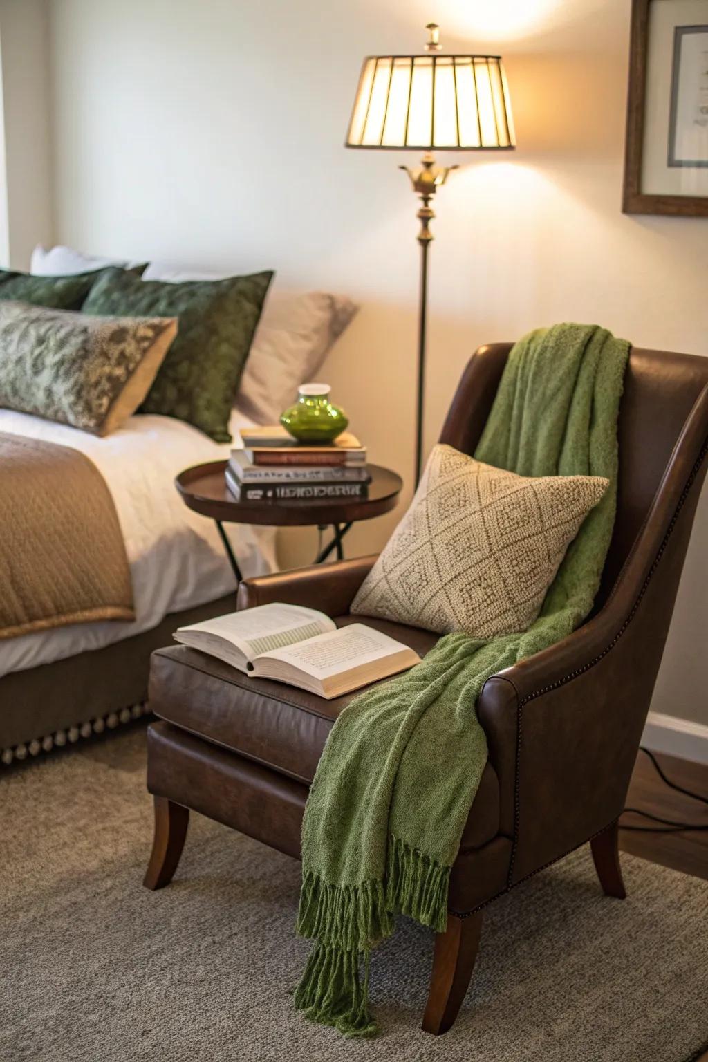 Inviting reading nook with green and brown accents
