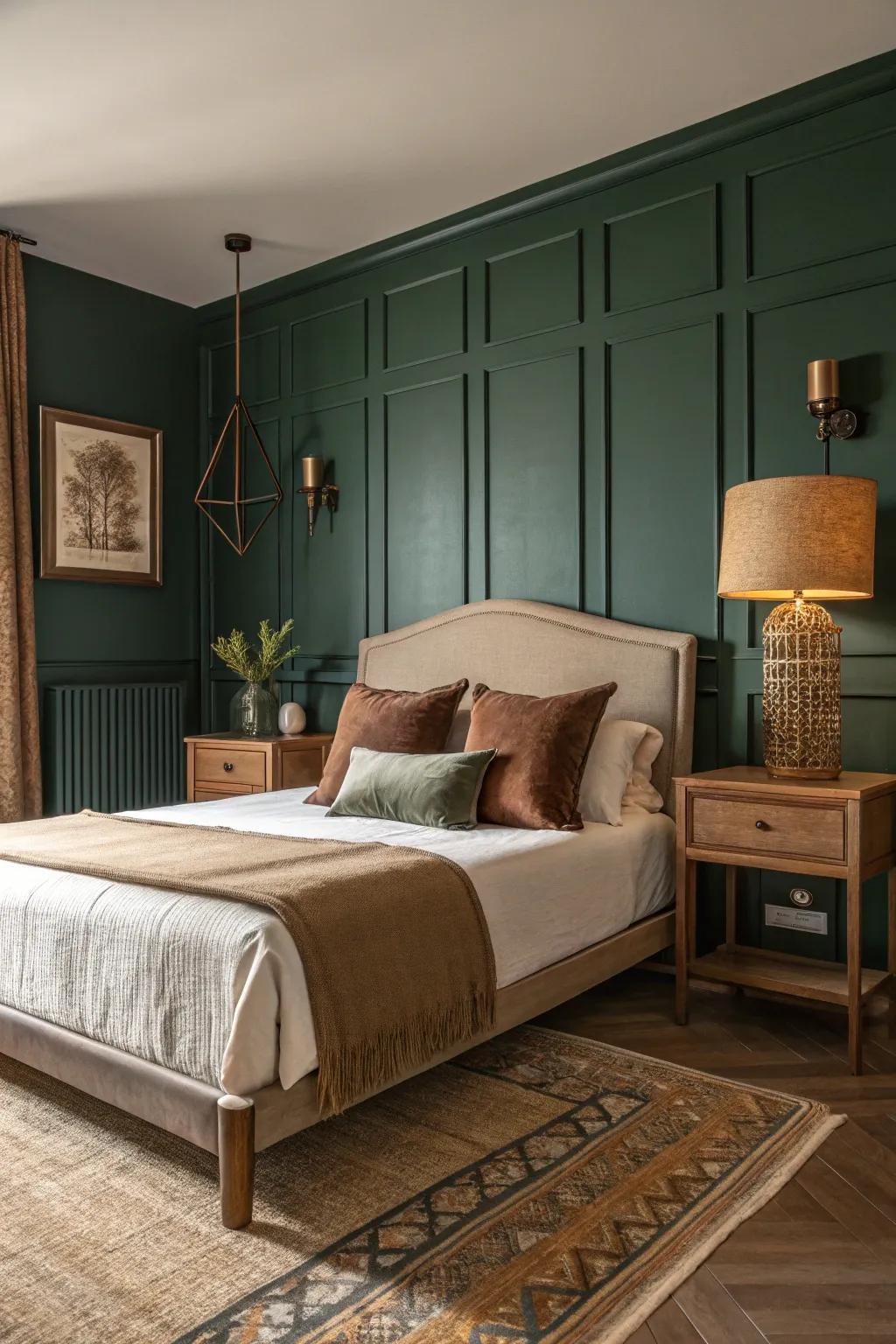 Bold green accent wall adding depth to bedroom