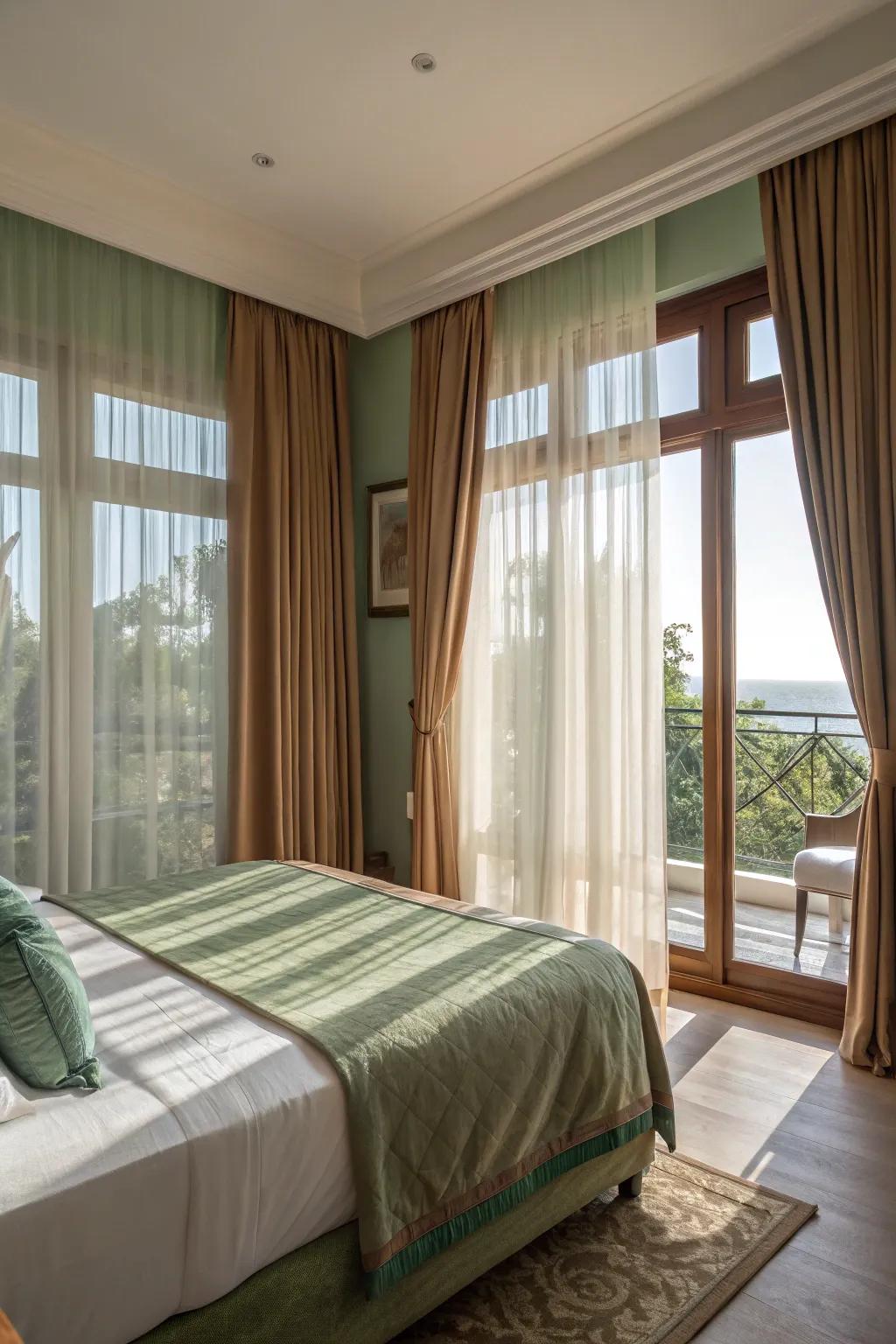 Natural light brightening green and brown bedroom