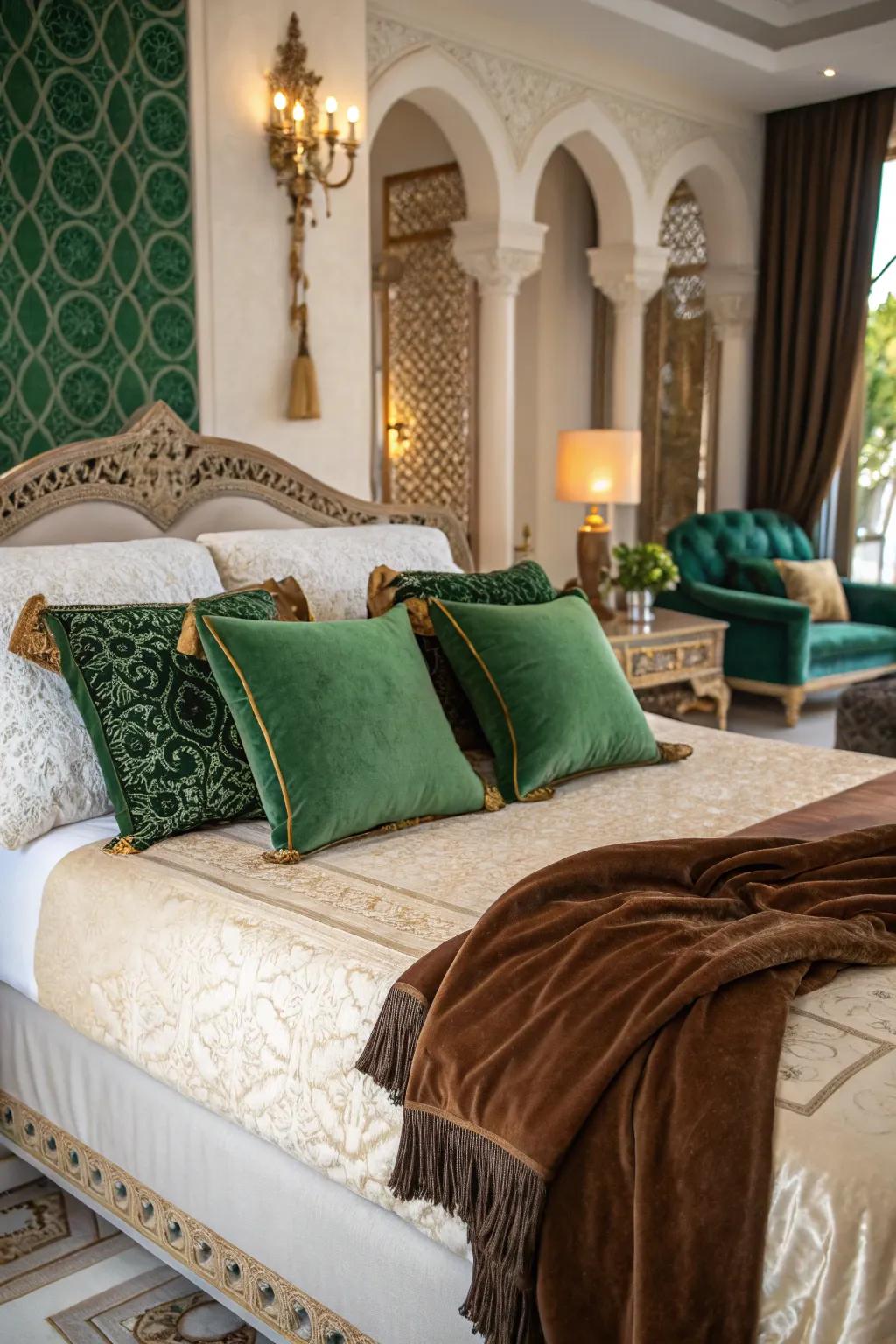 Velvet textures adding sophistication to bedroom