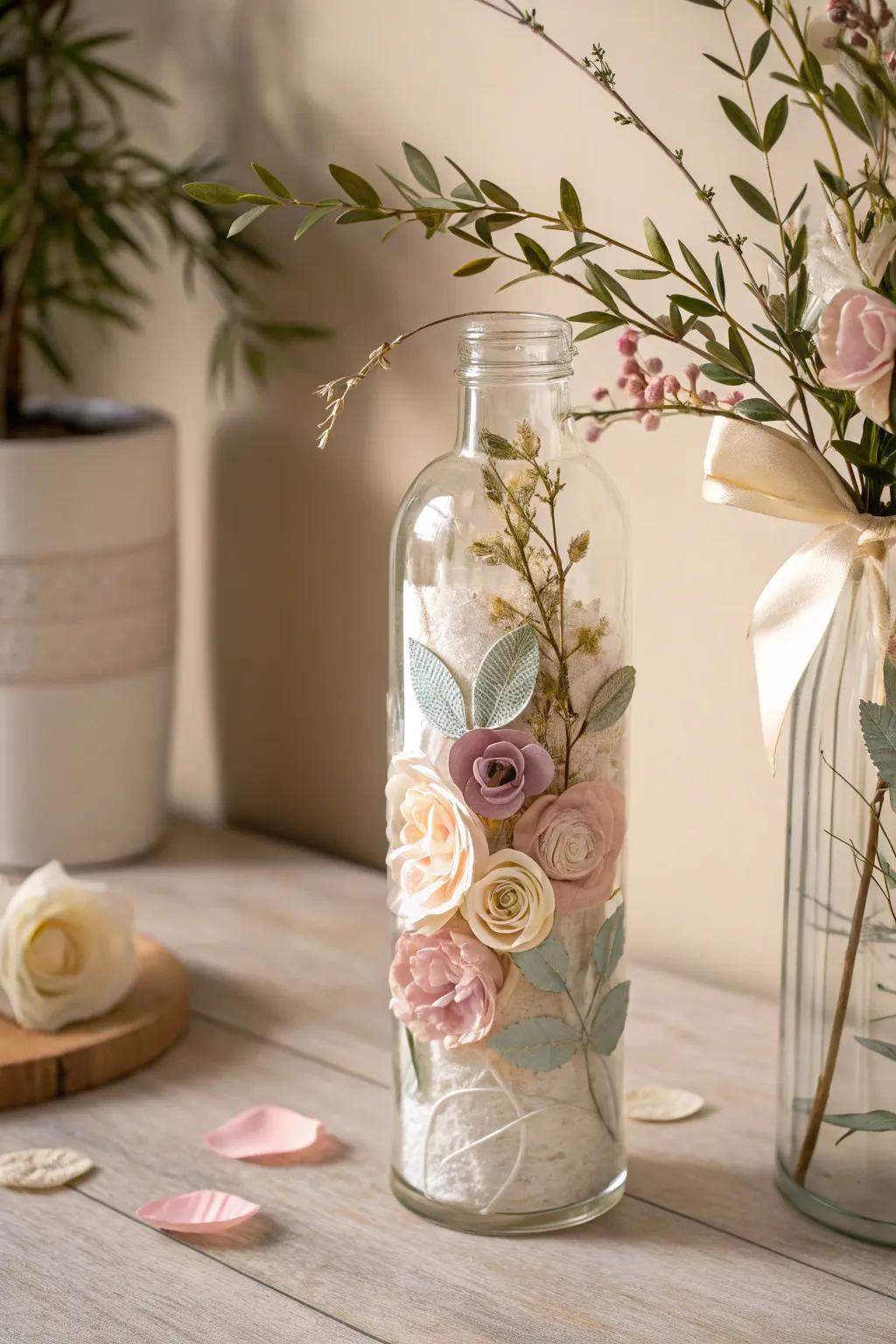 Elegant decoupage design on a glass vase adding artistic flair.