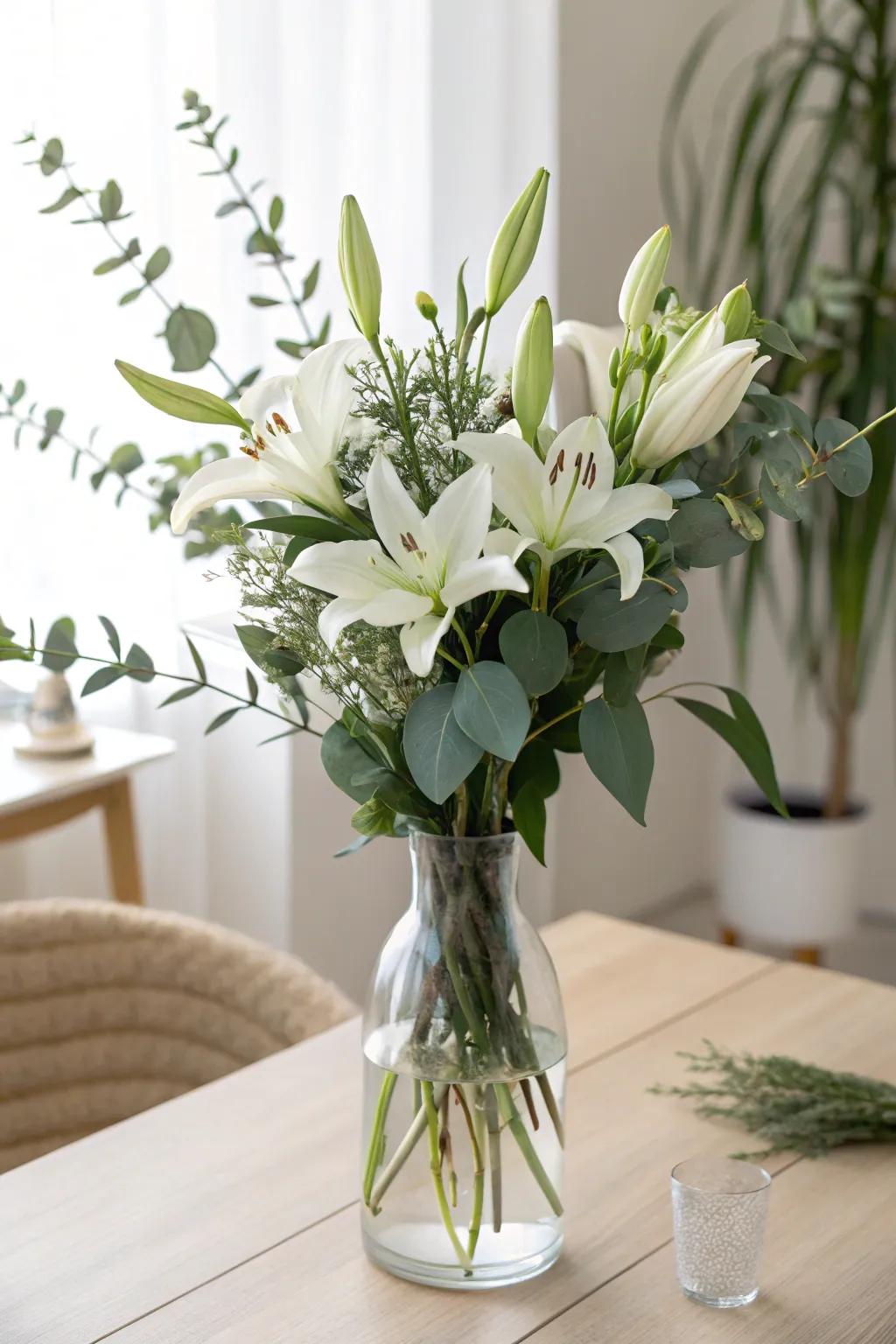 Brighten your room with fresh flowers arranged in a clear glass vase.