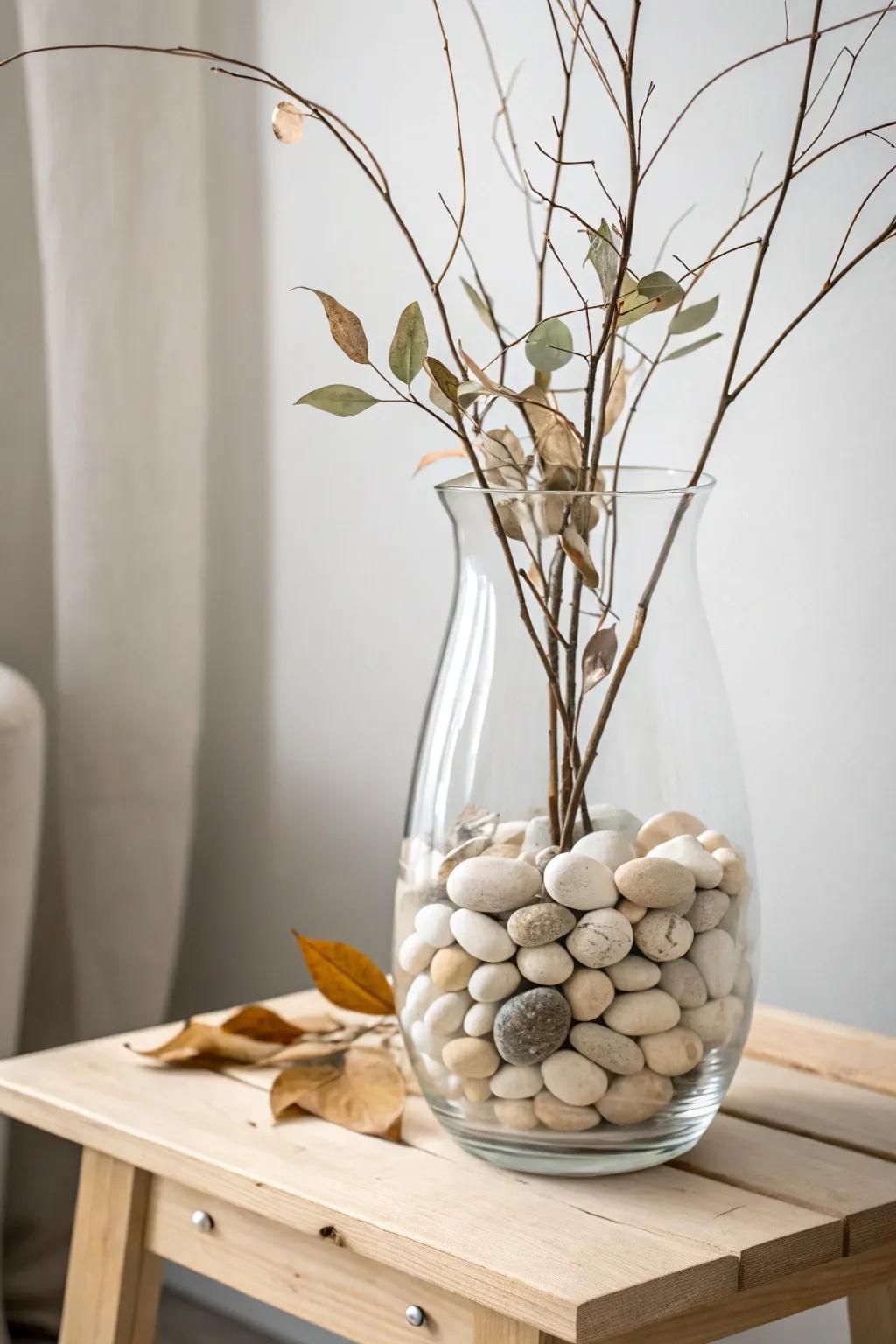 A minimalist vase filled with natural stones and twigs for an earthy vibe.