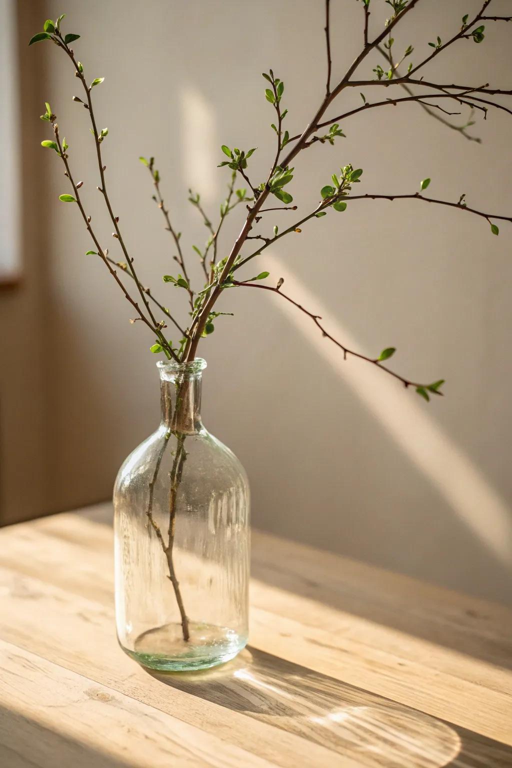 A single branch in a clear vase exemplifying minimalist decor.