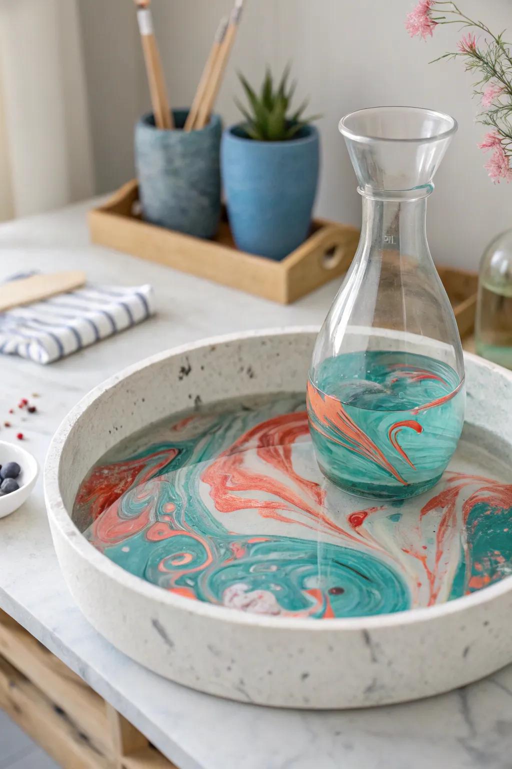 A glass vase decorated with vibrant hydrodip swirl patterns.