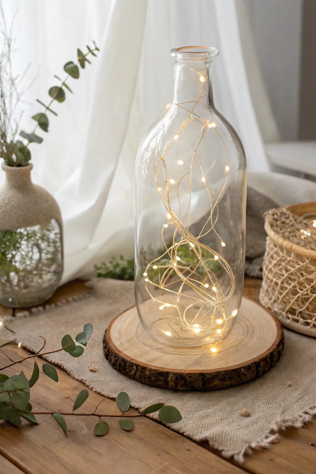 A clear vase glowing softly with fairy lights inside.