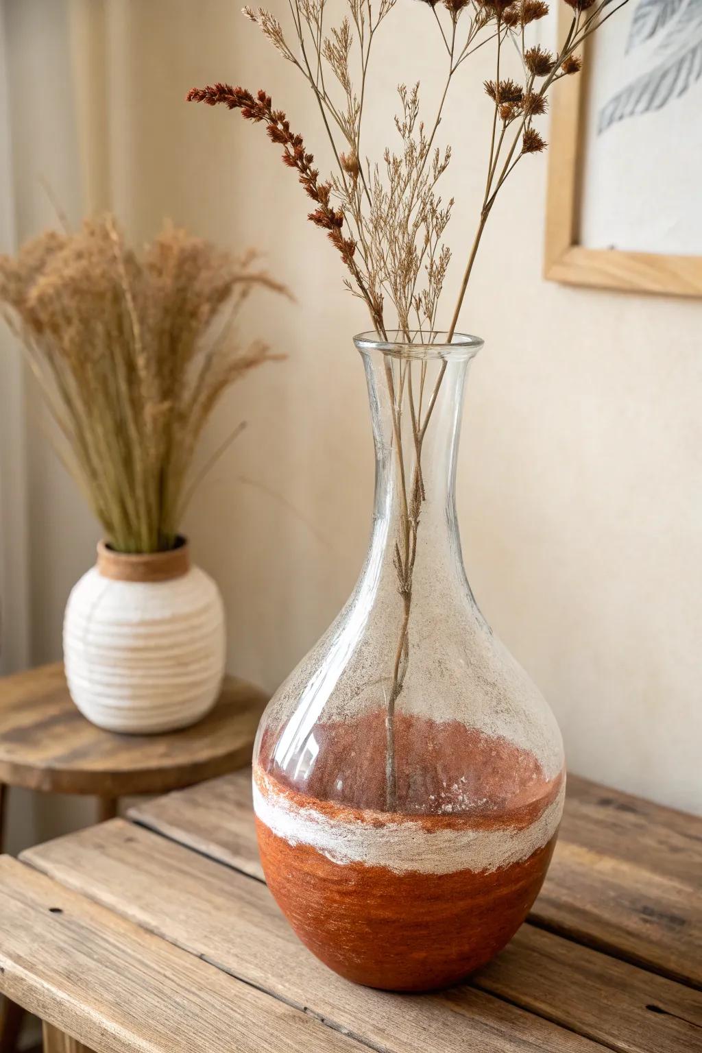 A glass vase transformed with warm terracotta spray paint for a natural look.
