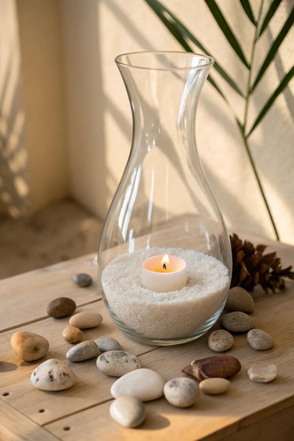 A clear glass vase glowing softly with a candle inside, surrounded by decorative pebbles.
