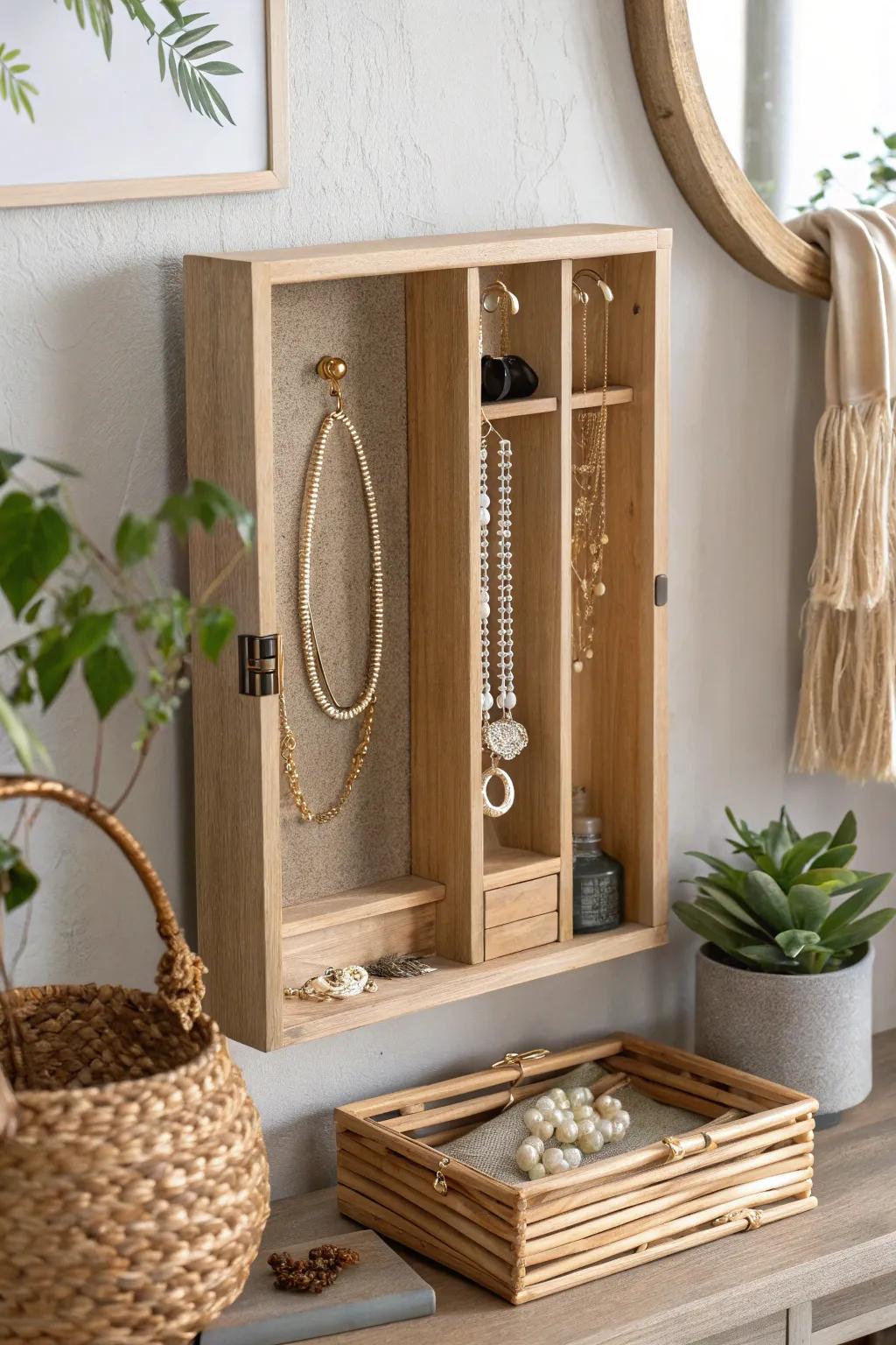 Sleek magnetic wall jewelry box combining minimalist design with bohemian accents.