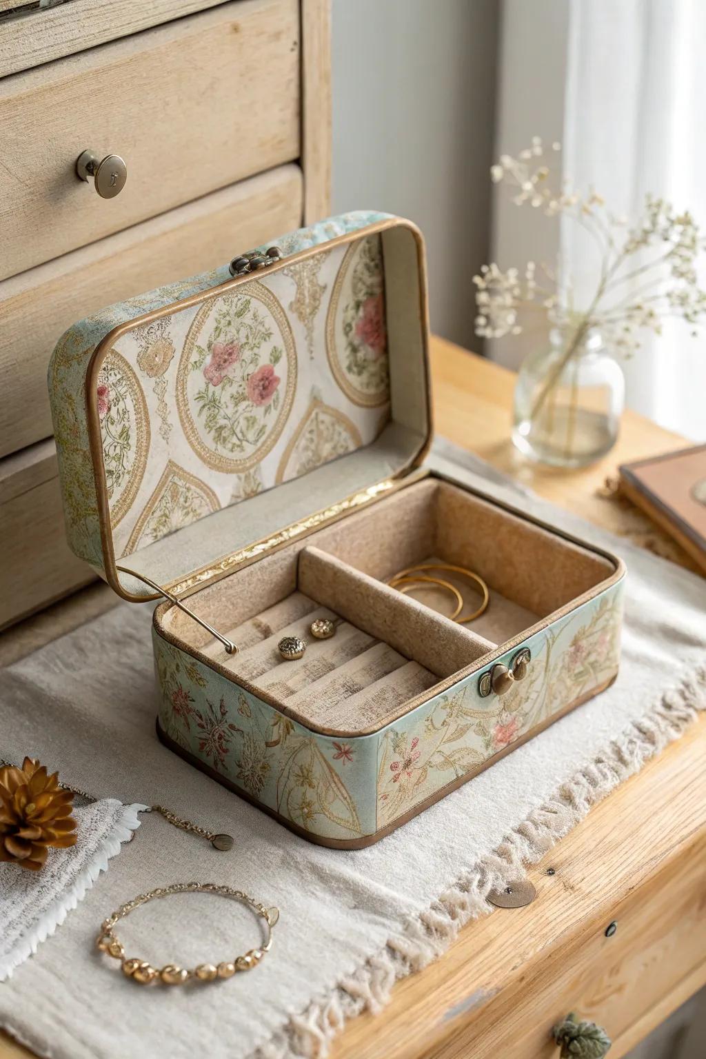 Vintage tin repurposed as a stylish jewelry box, adding nostalgic flair to your vanity.