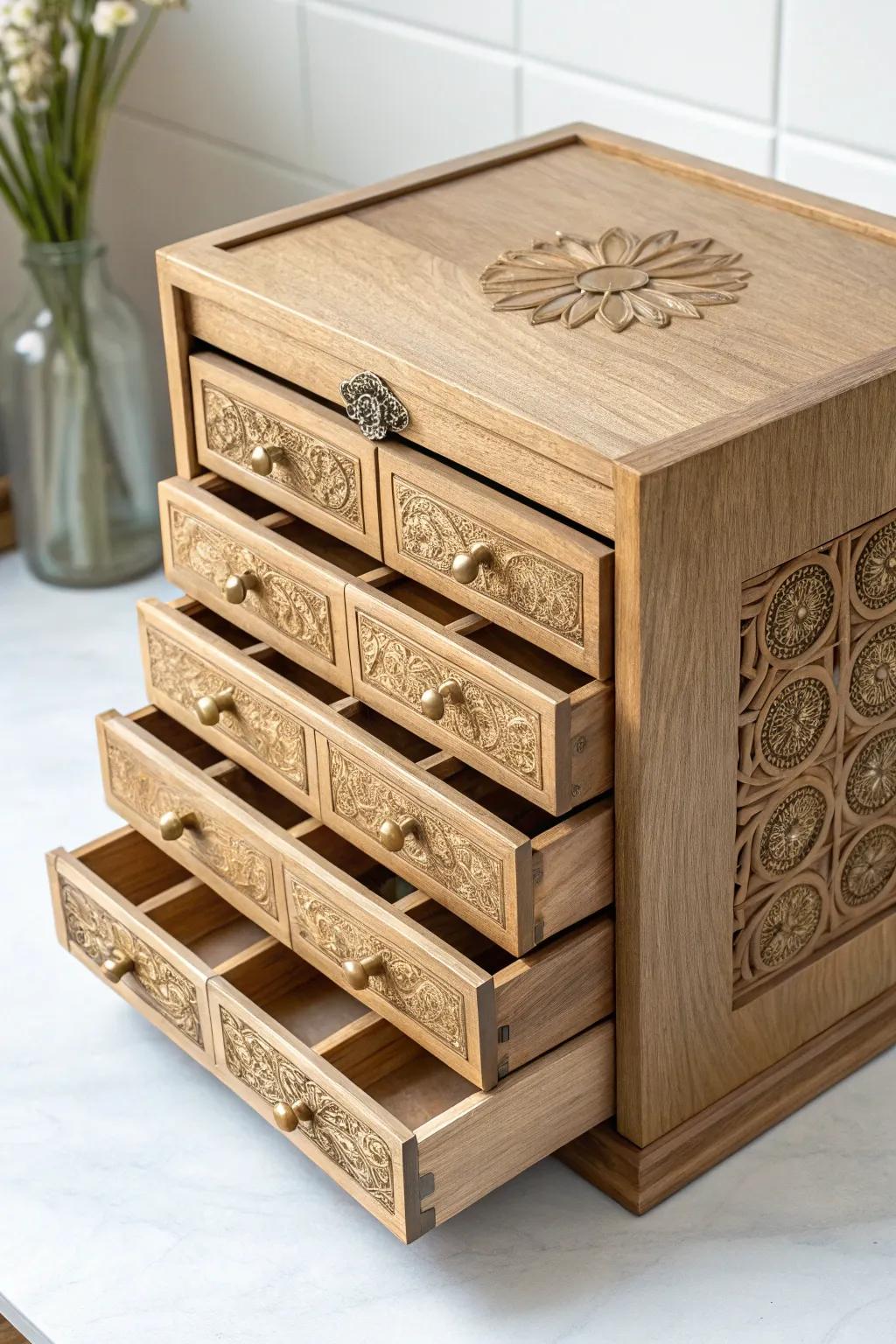 Elegant layered drawer jewelry box combining minimalist aesthetics with boho charm.