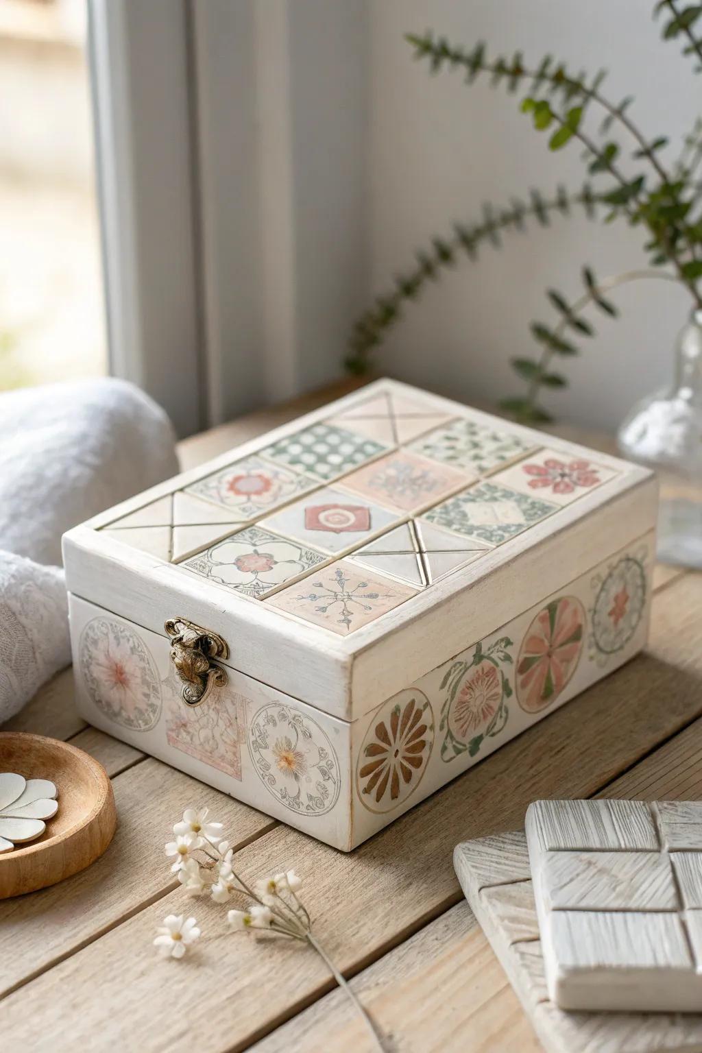 Personalized tile-adorned jewelry box blending minimalist design with boho flair.