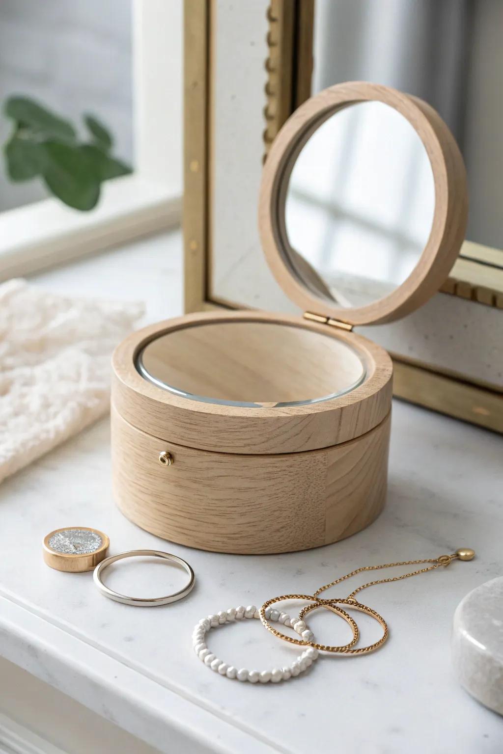 Glamorous mirror-topped jewelry box that adds both style and function to your vanity.