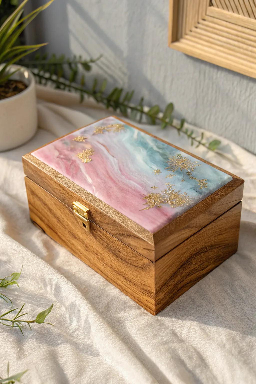 Vibrant epoxy resin jewelry box showcasing artistic flair and durable finish.