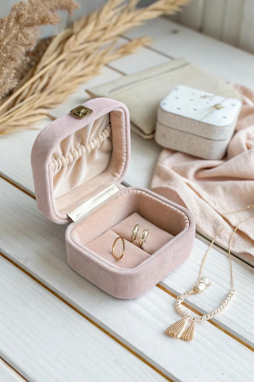 Simple box transformed into a soft, fabric-wrapped jewelry holder with boho charm.