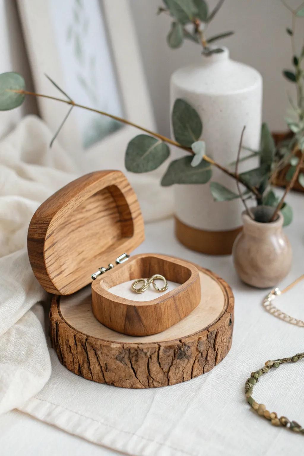 Natural wood slab jewelry box combining rustic charm with minimalist design.
