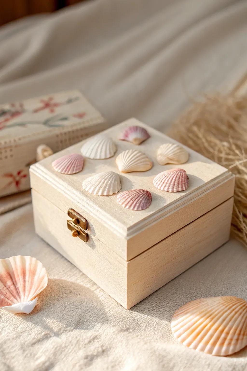 Jewelry box adorned with seashells, evoking the serene beauty of the beach.