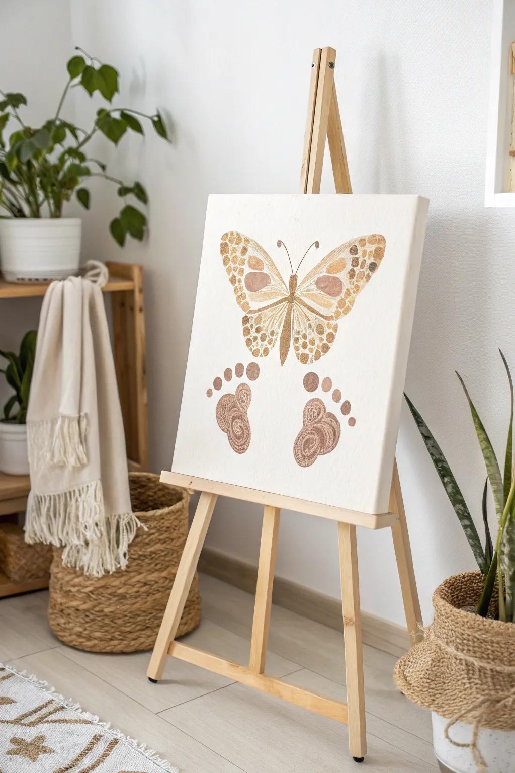 Delightful butterfly art created from tiny footprints, perfect for brightening up a nursery.