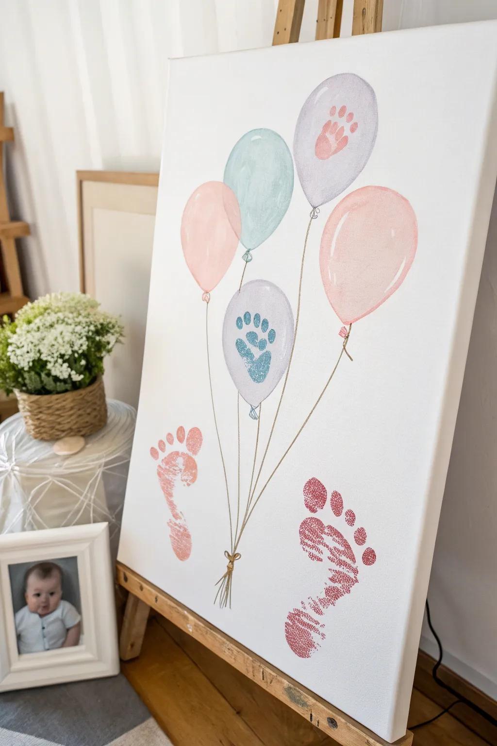 Whimsical footprint balloons floating above a tiny hand, blending Nordic minimalism with boho charm.