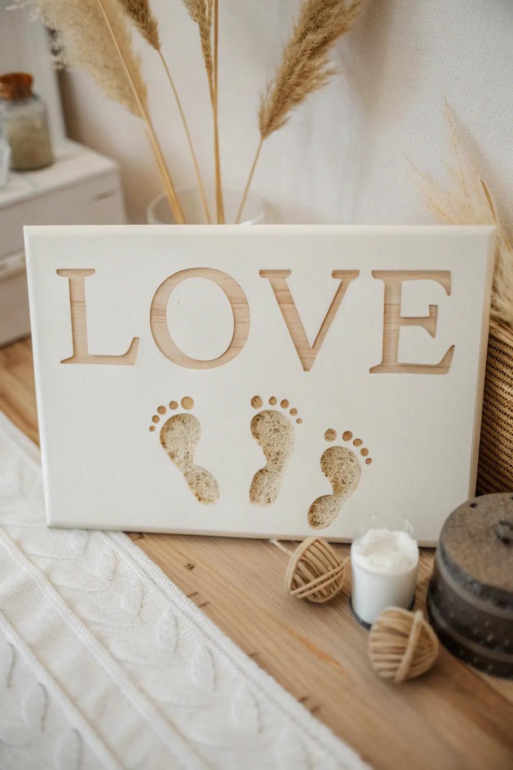 Tiny footprints arranged to spell the word 'LOVE,' symbolizing the joy your baby brings.