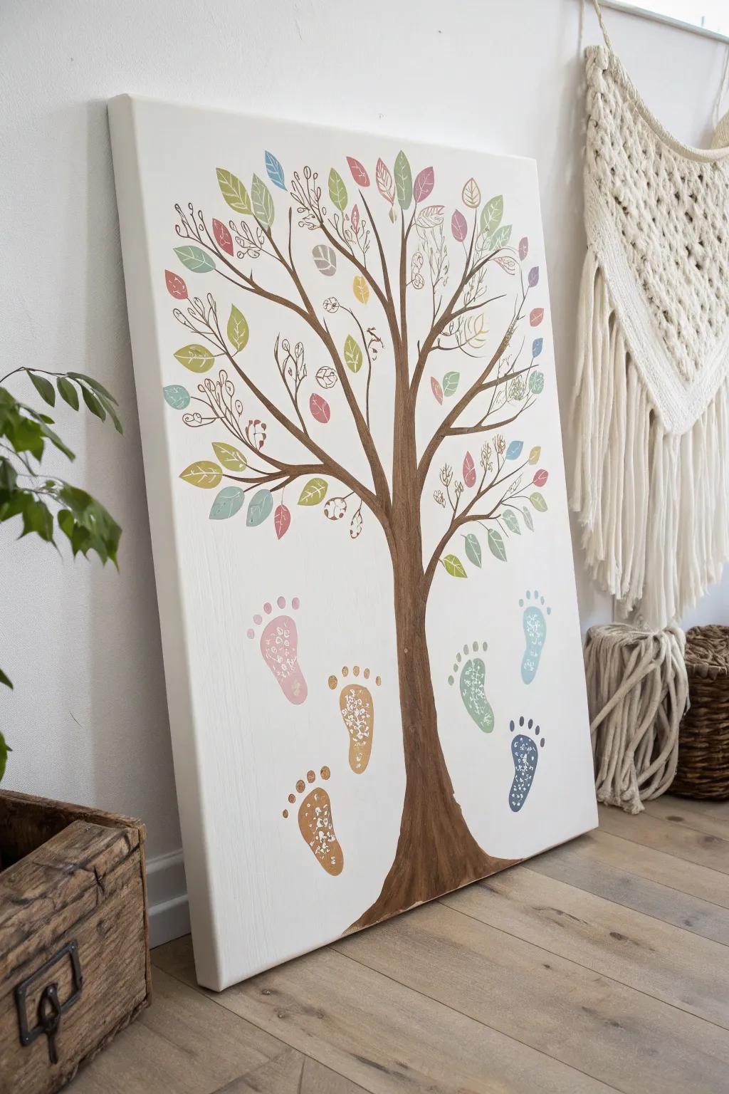 Elegant family tree artwork featuring footprints as leaves, symbolizing growth and unity.