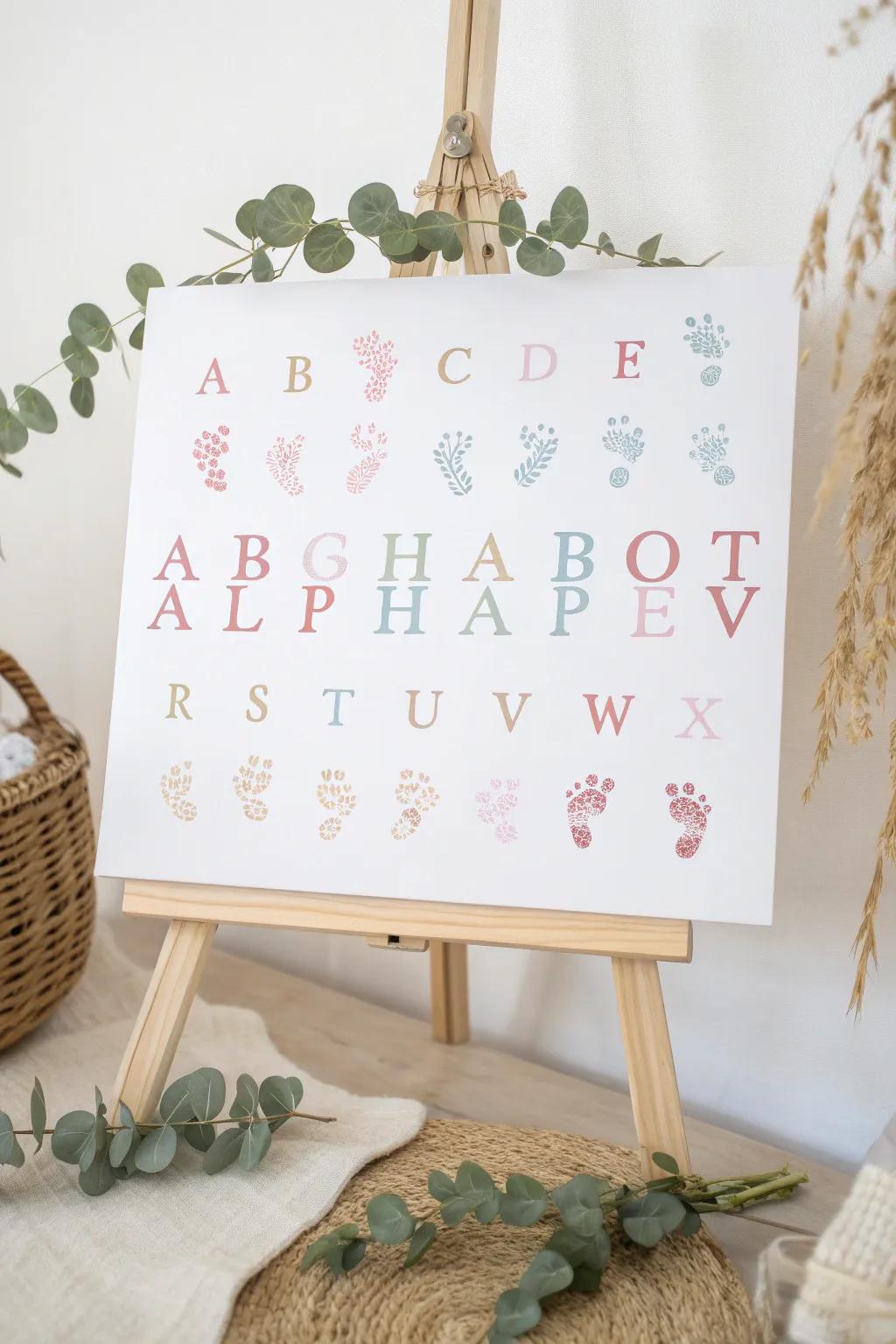Creative alphabet formed from baby footprints, blending education with heartfelt art.